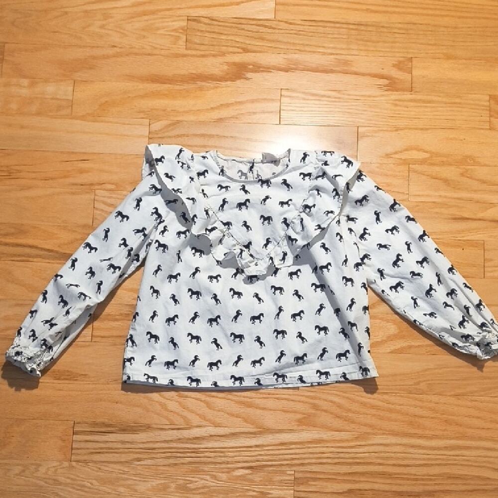 Crewcuts White Horse Print Ruffle Blouse, Size L, EUC